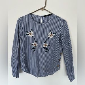 ZARA Striped Blue Floral Embroidered Blouse Size XS
